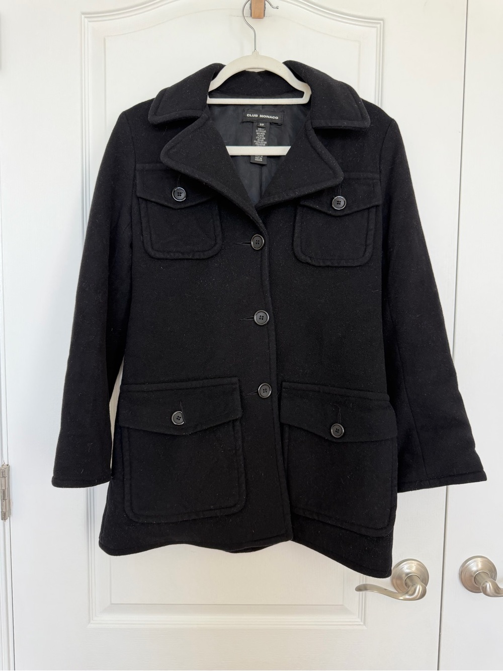 EUC Vintage Club Monaco Black Wool-Blend Pea Coat with Button Front size Small